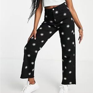 Neon Rose (XS) Embroidered Sun Black Relaxed Straight Leg High Waist Boho Jeans